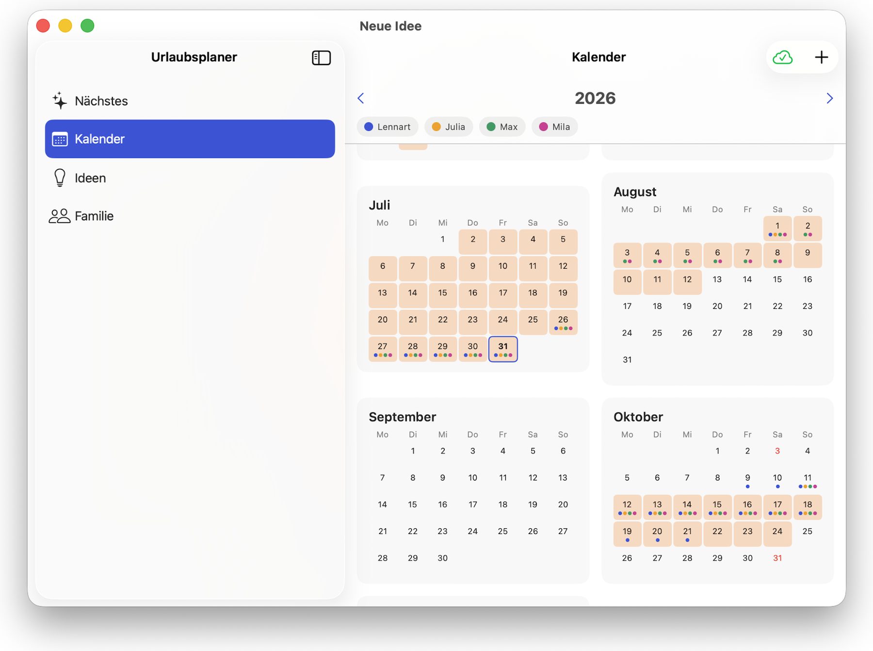Jahreskalender im Mac-Fenster mit Ferien und Personenfilter