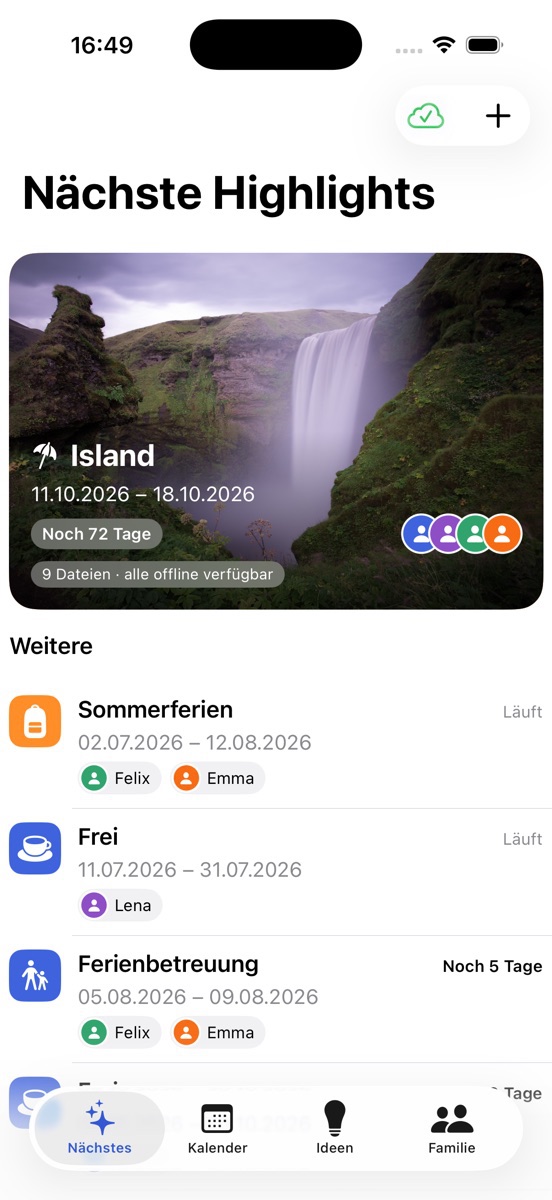 Startbildschirm „Nächste Highlights“ mit dem nächsten Urlaub nach Island, Countdown und Teilnehmern