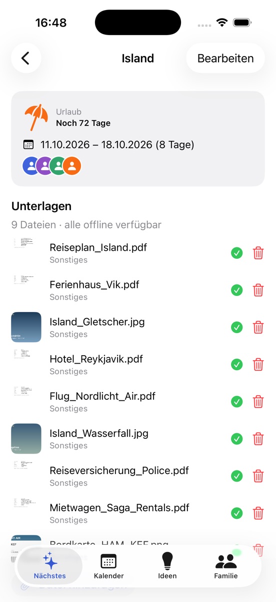 Urlaubseintrag Island mit neun Unterlagen, alle offline verfügbar